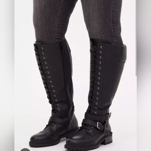 Faux Leather Lace-up Knee High Combat Boots Wide Width